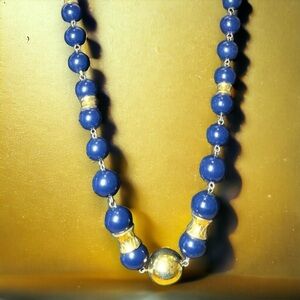 Vintage Liz Claiborne Blue & Gold Chunky Bead Necklace